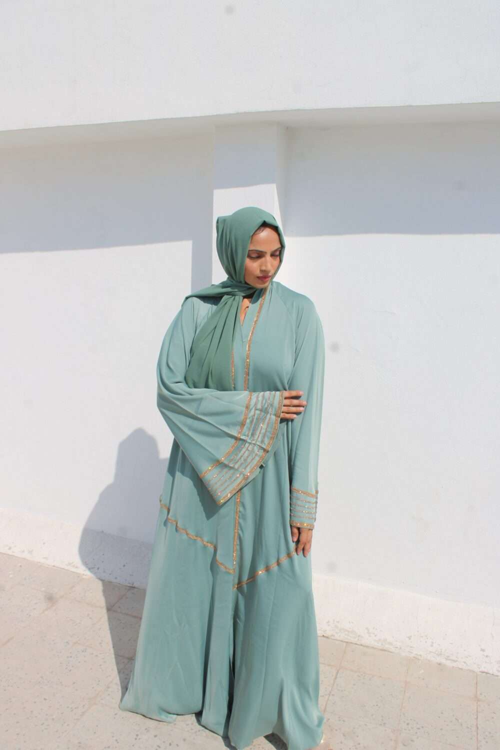 Green Abaya with Lace and Stone Work - Image 9