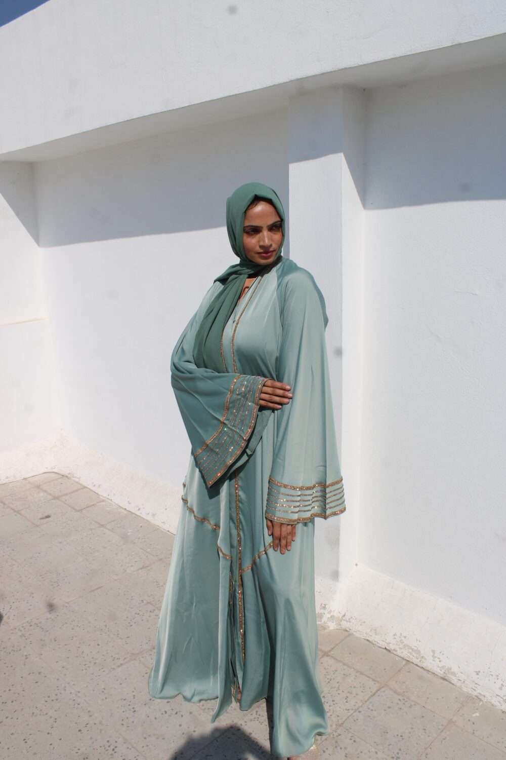 Green Abaya with Lace and Stone Work - Image 8