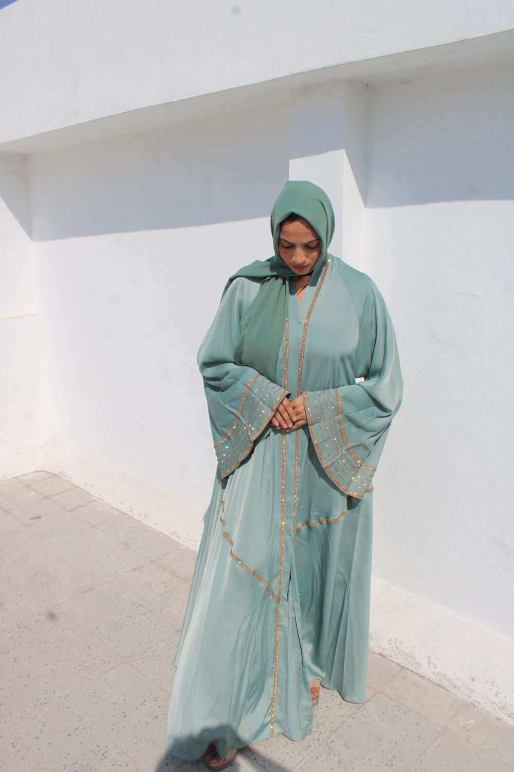 Green Abaya with Lace and Stone Work - Image 7