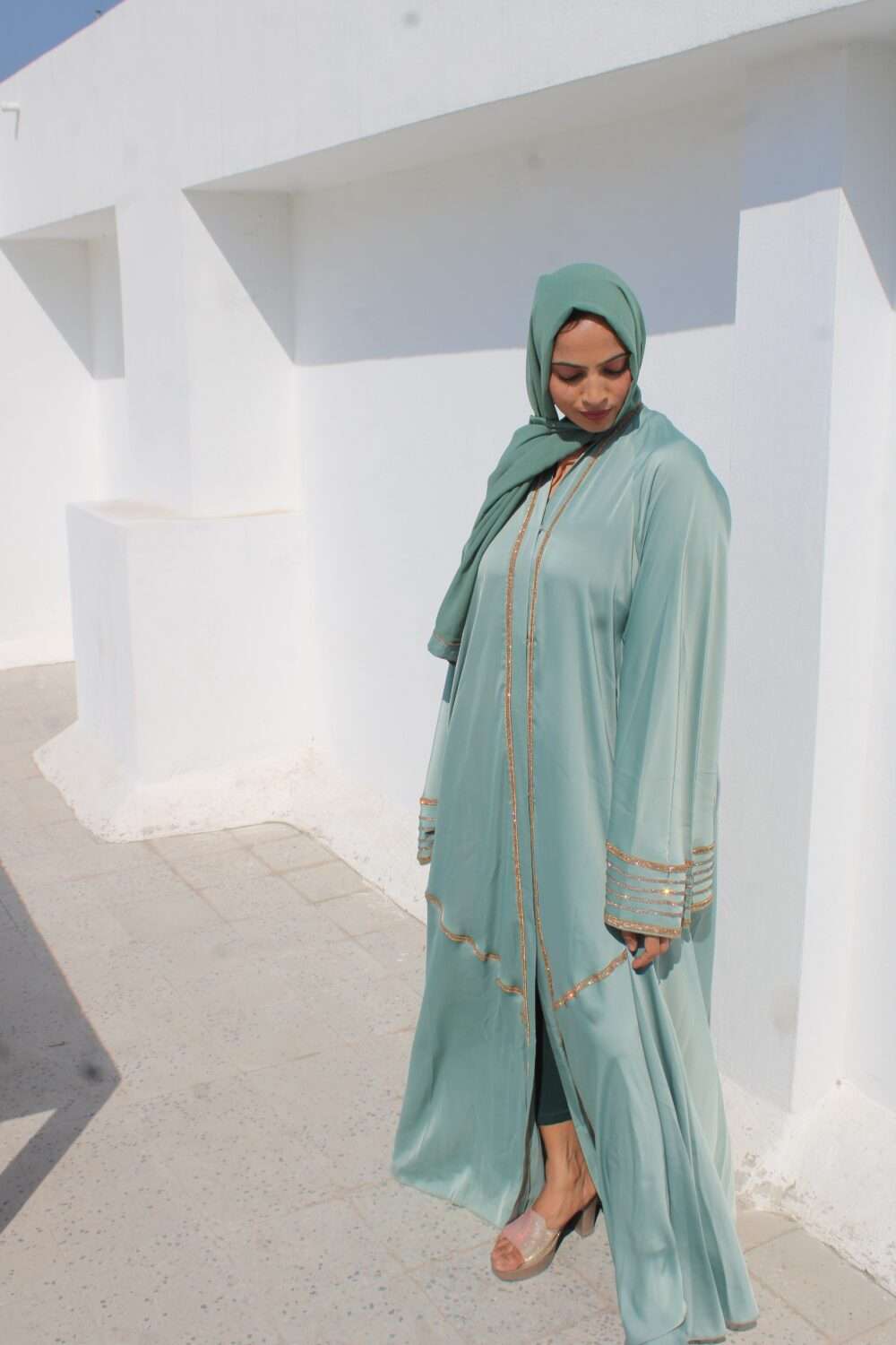 Green Abaya with Lace and Stone Work