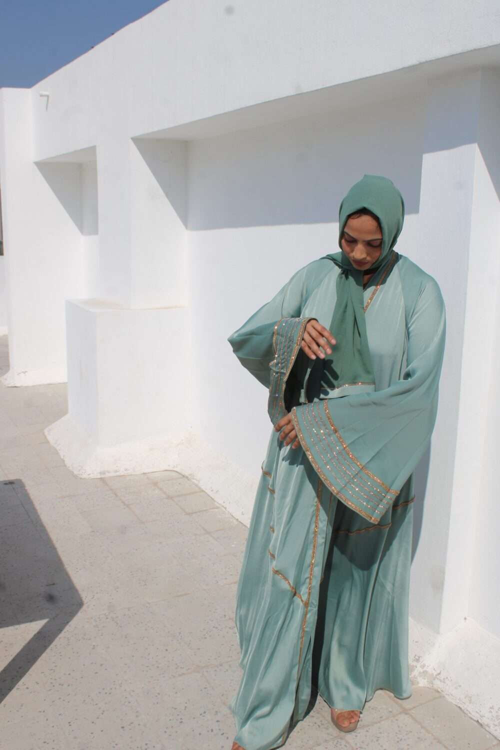 Green Abaya with Lace and Stone Work - Image 5