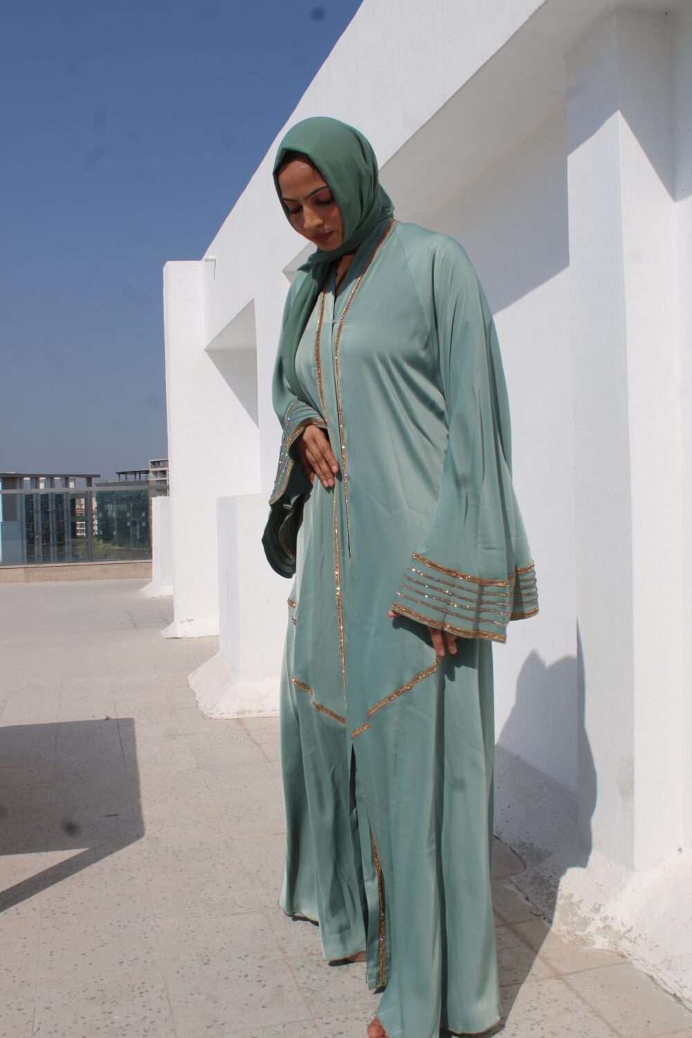 Green Abaya with Lace and Stone Work - Image 4