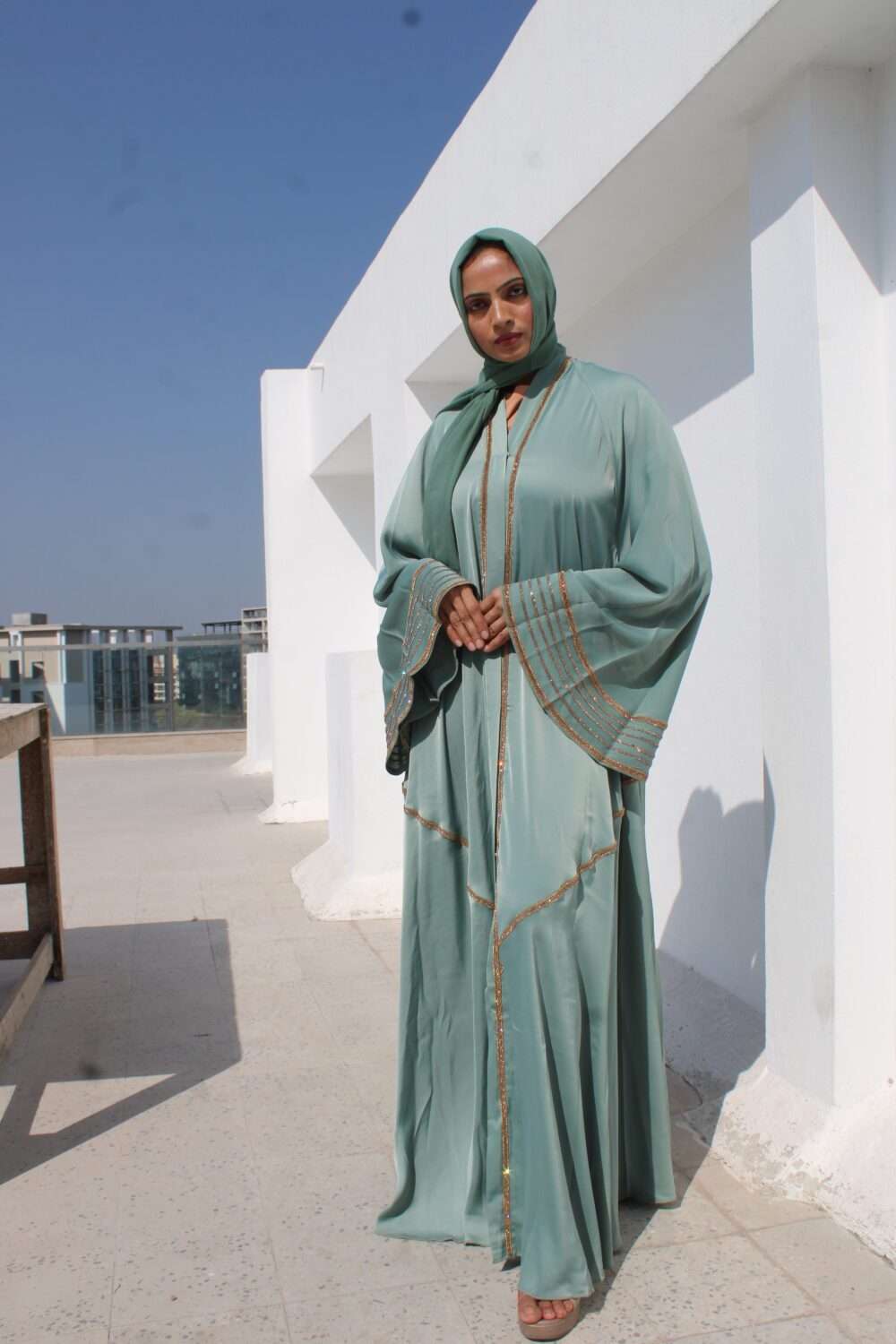 Green Abaya with Lace and Stone Work - Image 3