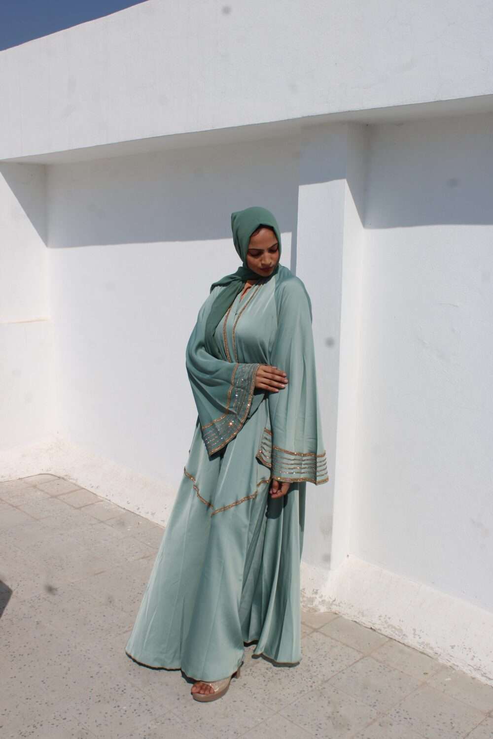 Green Abaya with Lace and Stone Work - Image 2