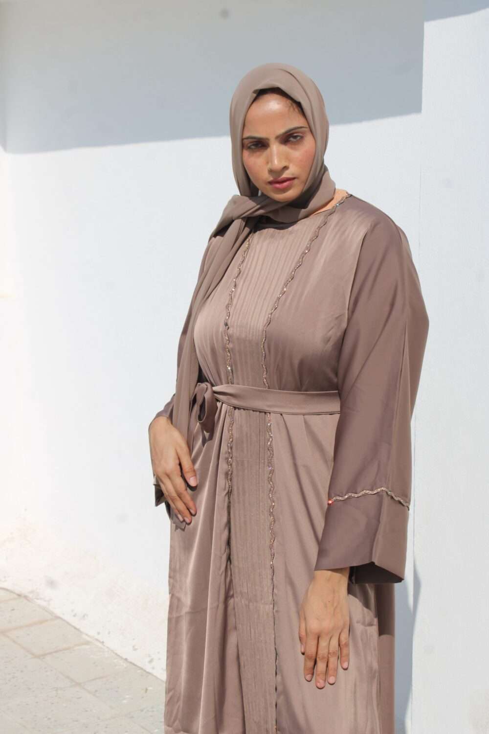 2 Piece Beige Abaya with Stone Work
