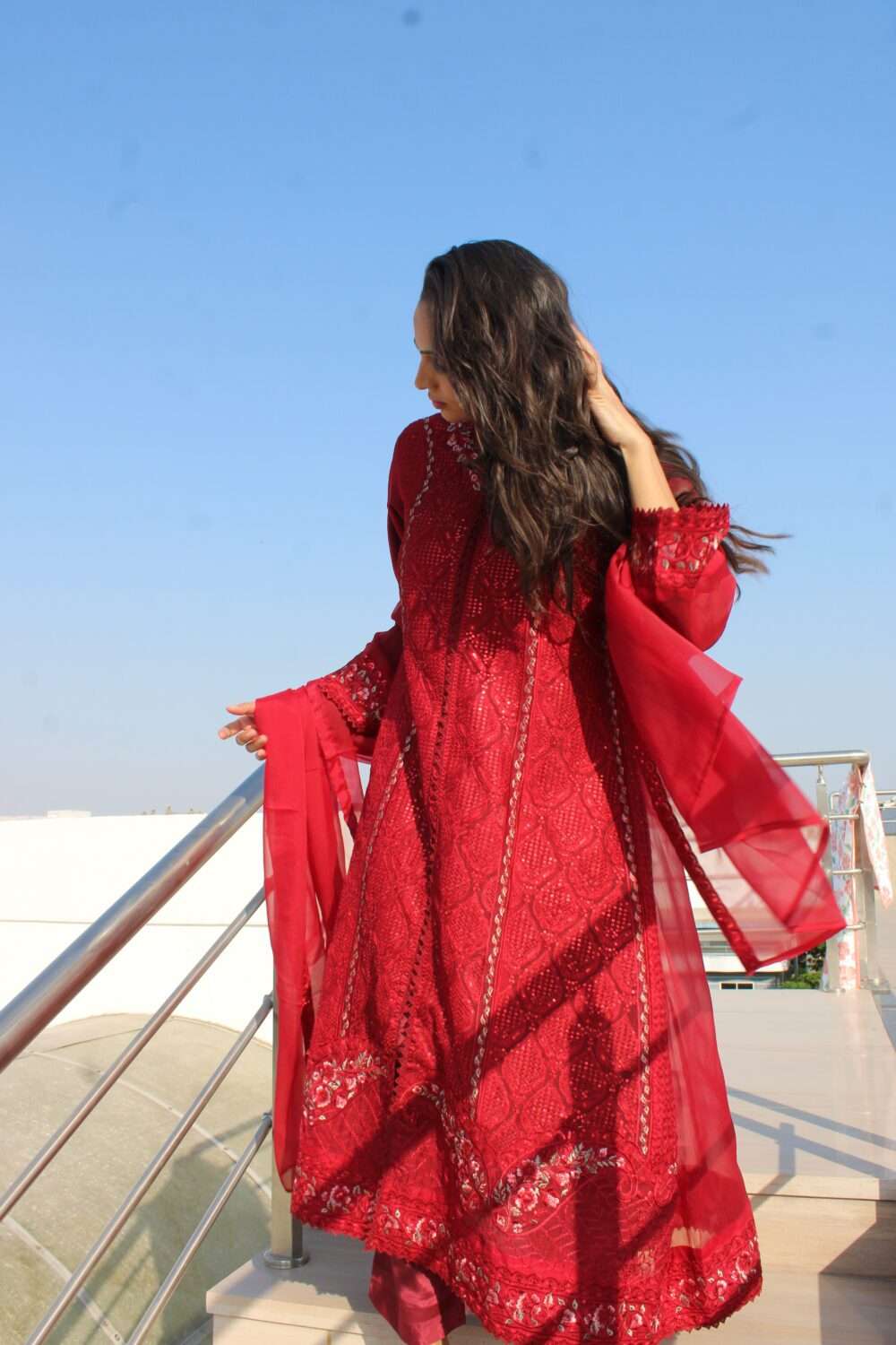 Red Party Wear Pakistani Suit with Embroidery & Chamki Work - Image 8