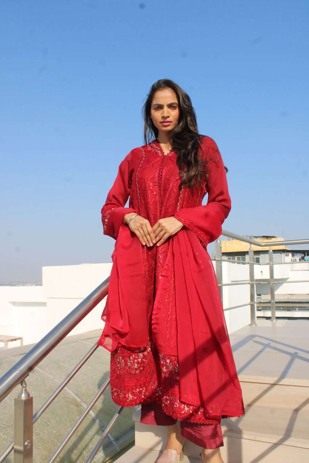 Red Party Wear Pakistani Suit with Embroidery & Chamki Work