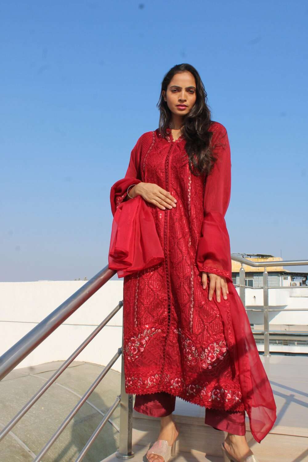 Red Party Wear Pakistani Suit with Embroidery & Chamki Work - Image 5