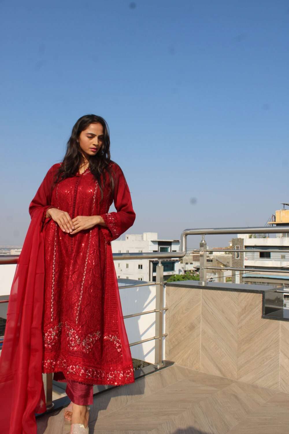 Red Party Wear Pakistani Suit with Embroidery & Chamki Work - Image 2
