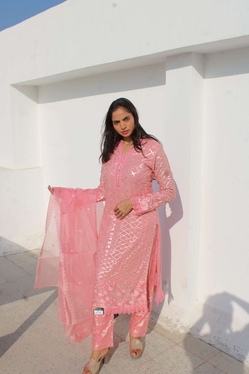Pink Party Wear Pakistani Suit with Zari & Chamki Work - Image 9