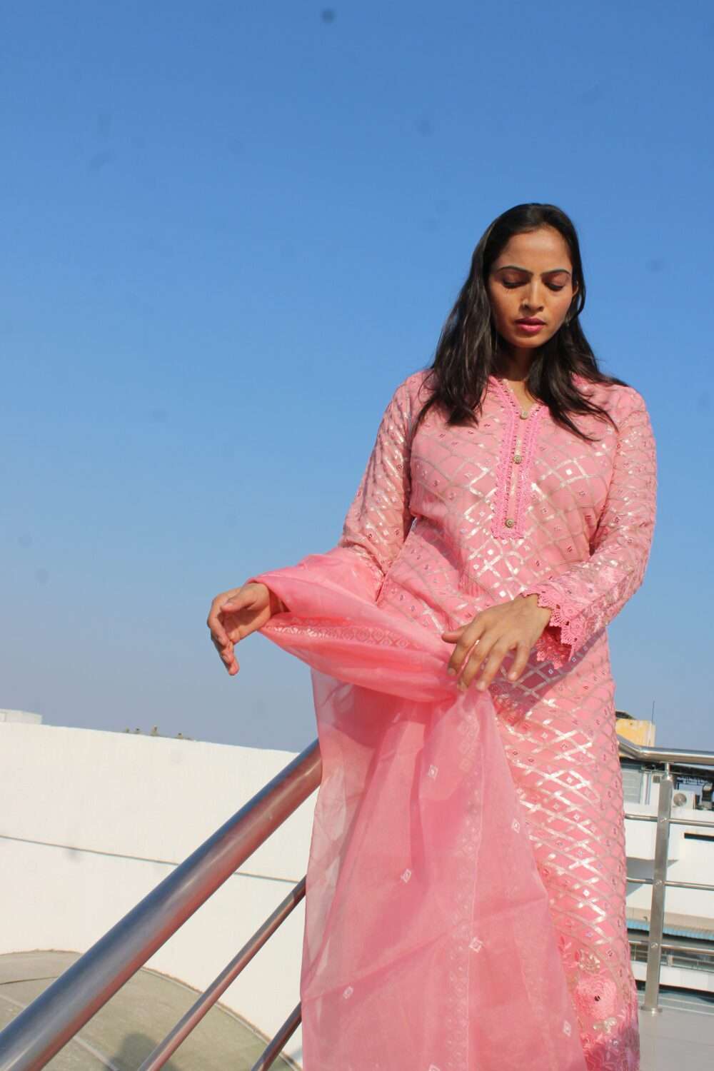 Pink Party Wear Pakistani Suit with Zari & Chamki Work - Image 7