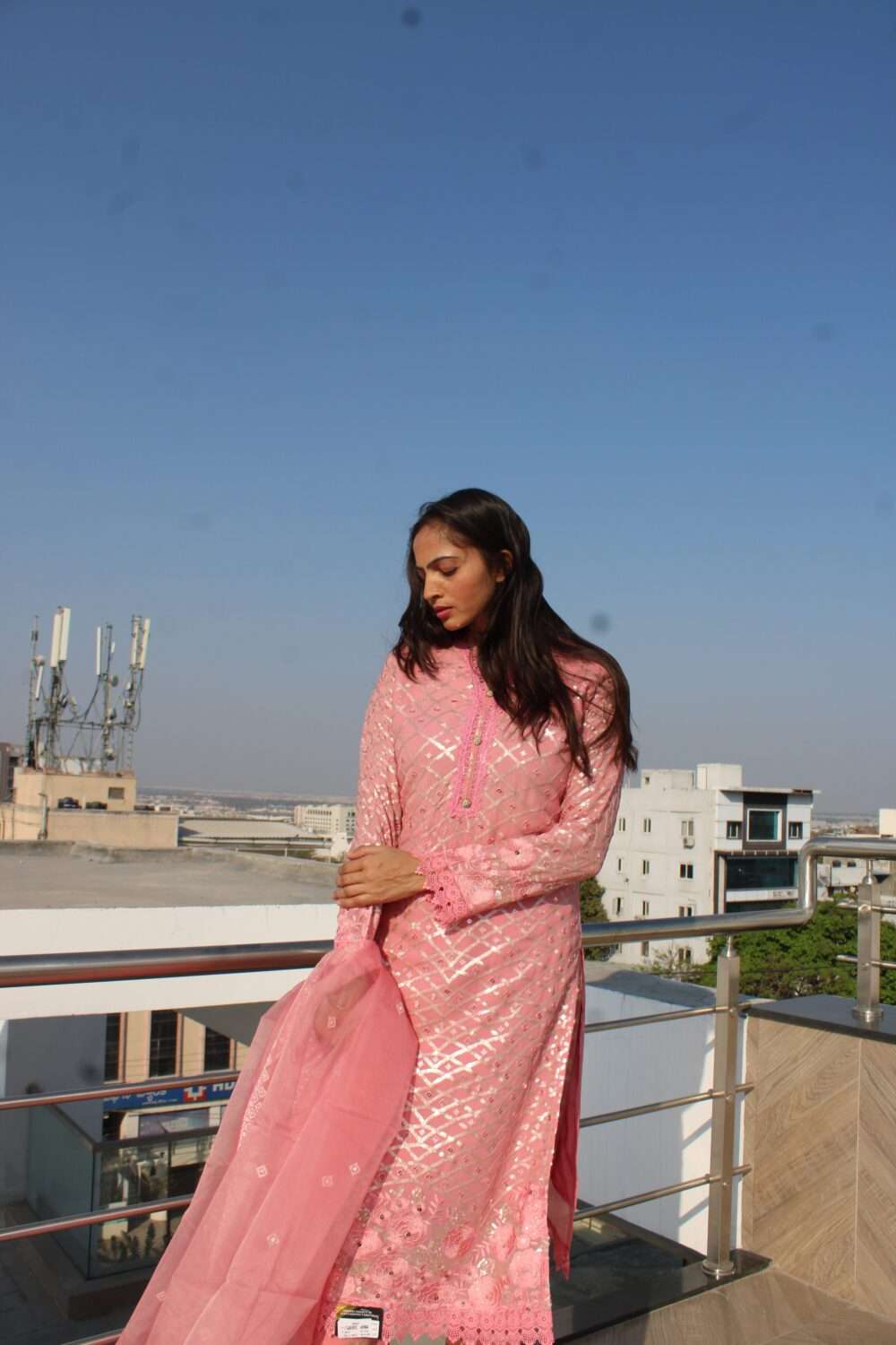 Pink Party Wear Pakistani Suit with Zari & Chamki Work - Image 2