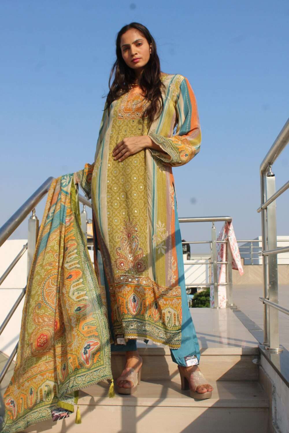 Green Party Wear Pakistani Suit with Mirror Work - Image 13