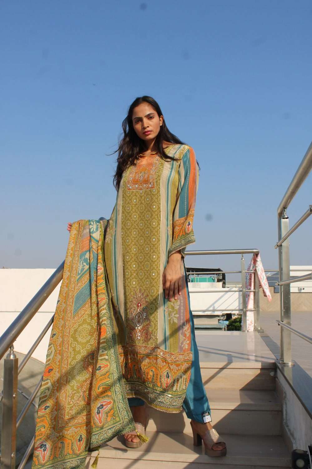 Green Party Wear Pakistani Suit with Mirror Work - Image 12