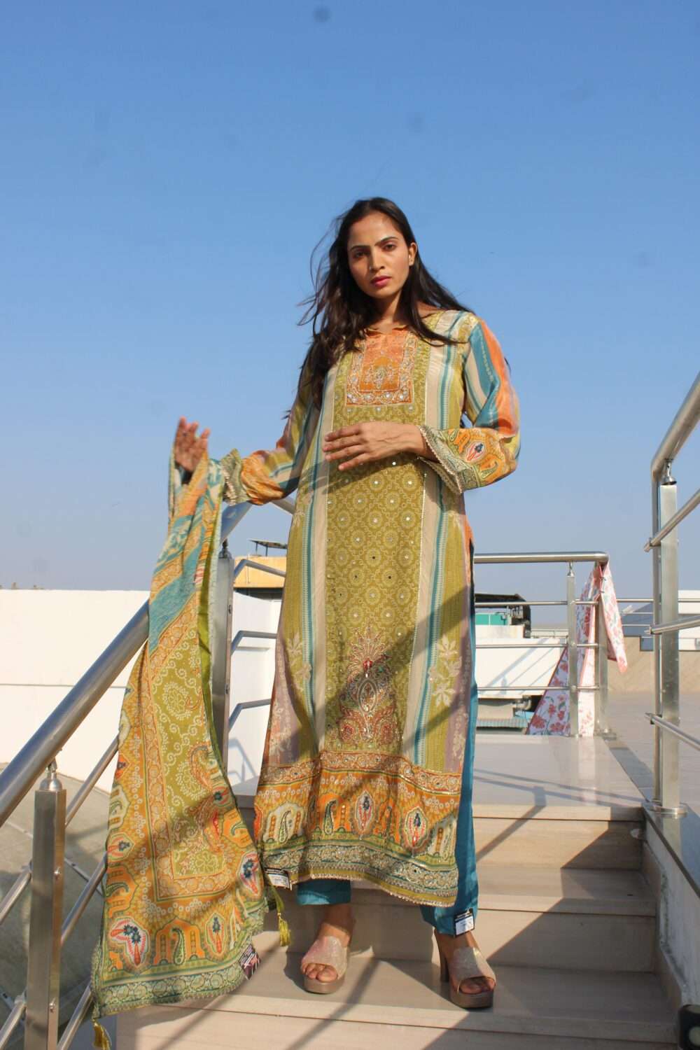 Green Party Wear Pakistani Suit with Mirror Work - Image 11