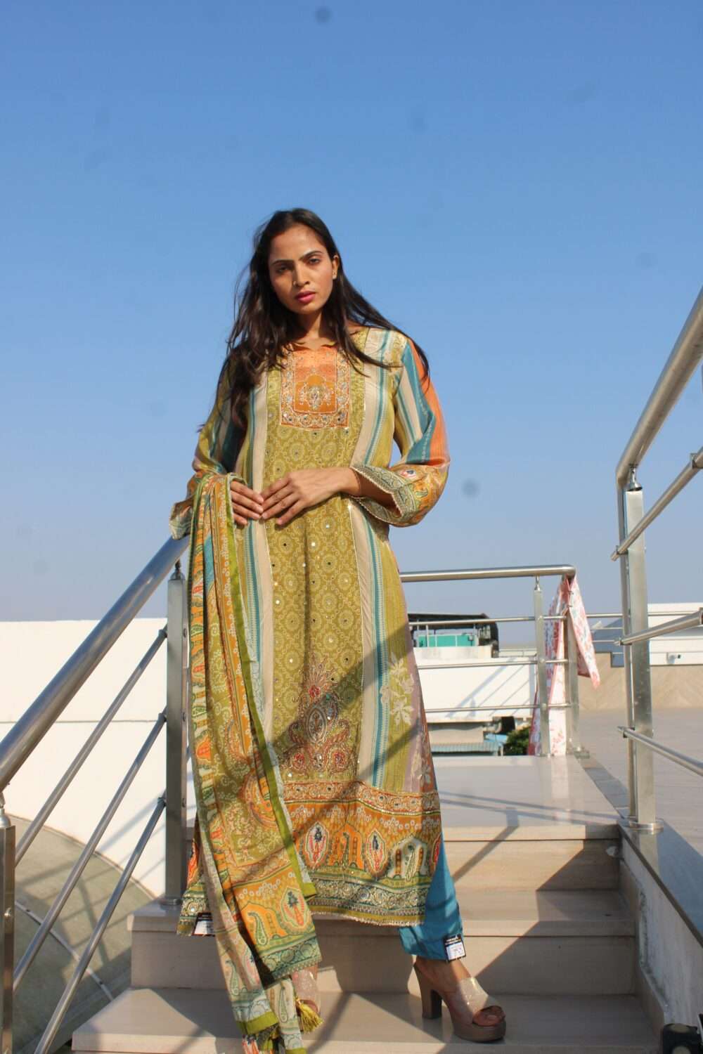 Green Party Wear Pakistani Suit with Mirror Work - Image 10