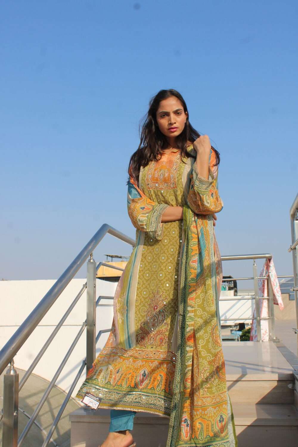 Green Party Wear Pakistani Suit with Mirror Work - Image 9