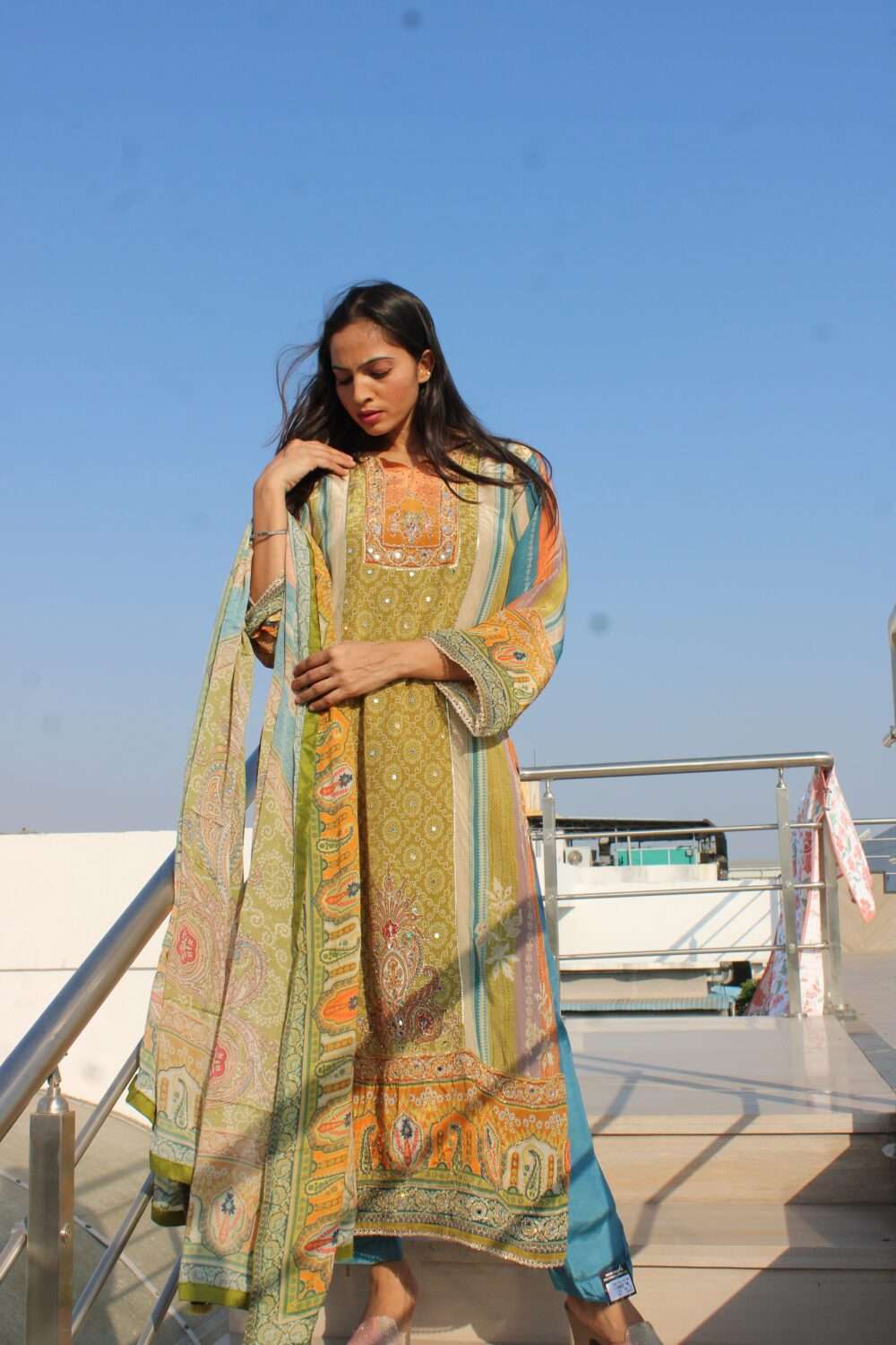 Green Party Wear Pakistani Suit with Mirror Work - Image 8