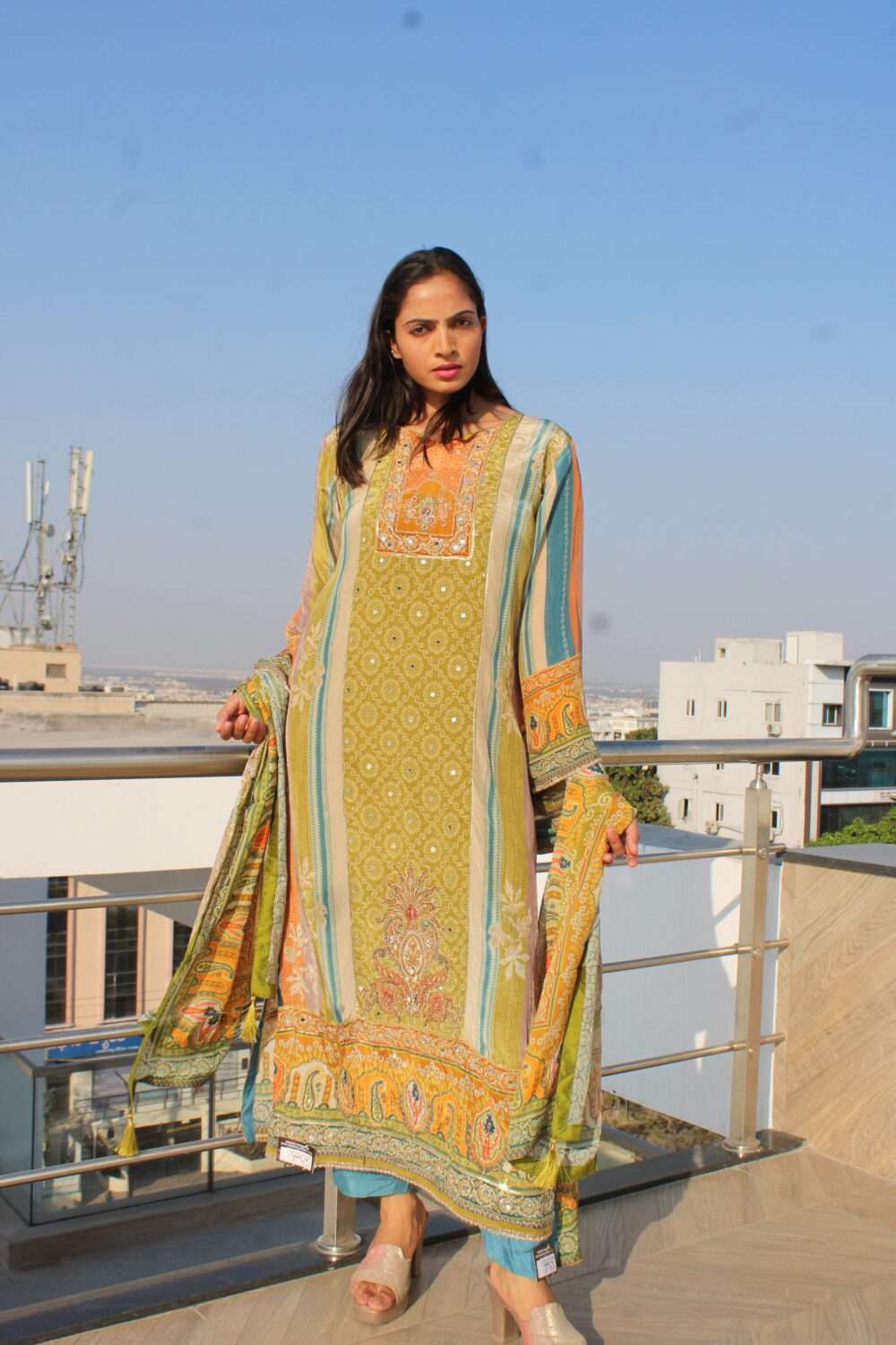 Green Party Wear Pakistani Suit with Mirror Work - Image 5