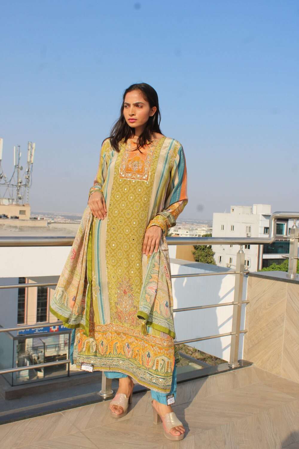 Green Party Wear Pakistani Suit with Mirror Work - Image 4