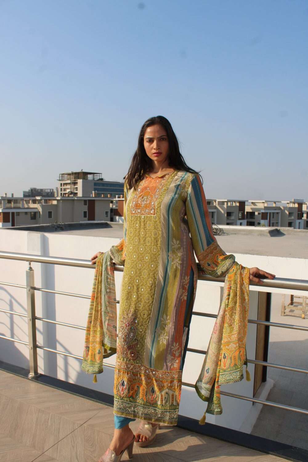 Green Party Wear Pakistani Suit with Mirror Work - Image 3