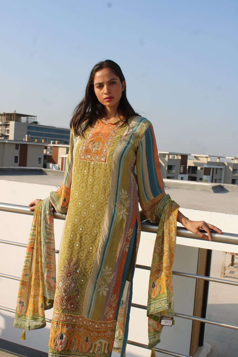 Green Party Wear Pakistani Suit with Mirror Work - Image 2