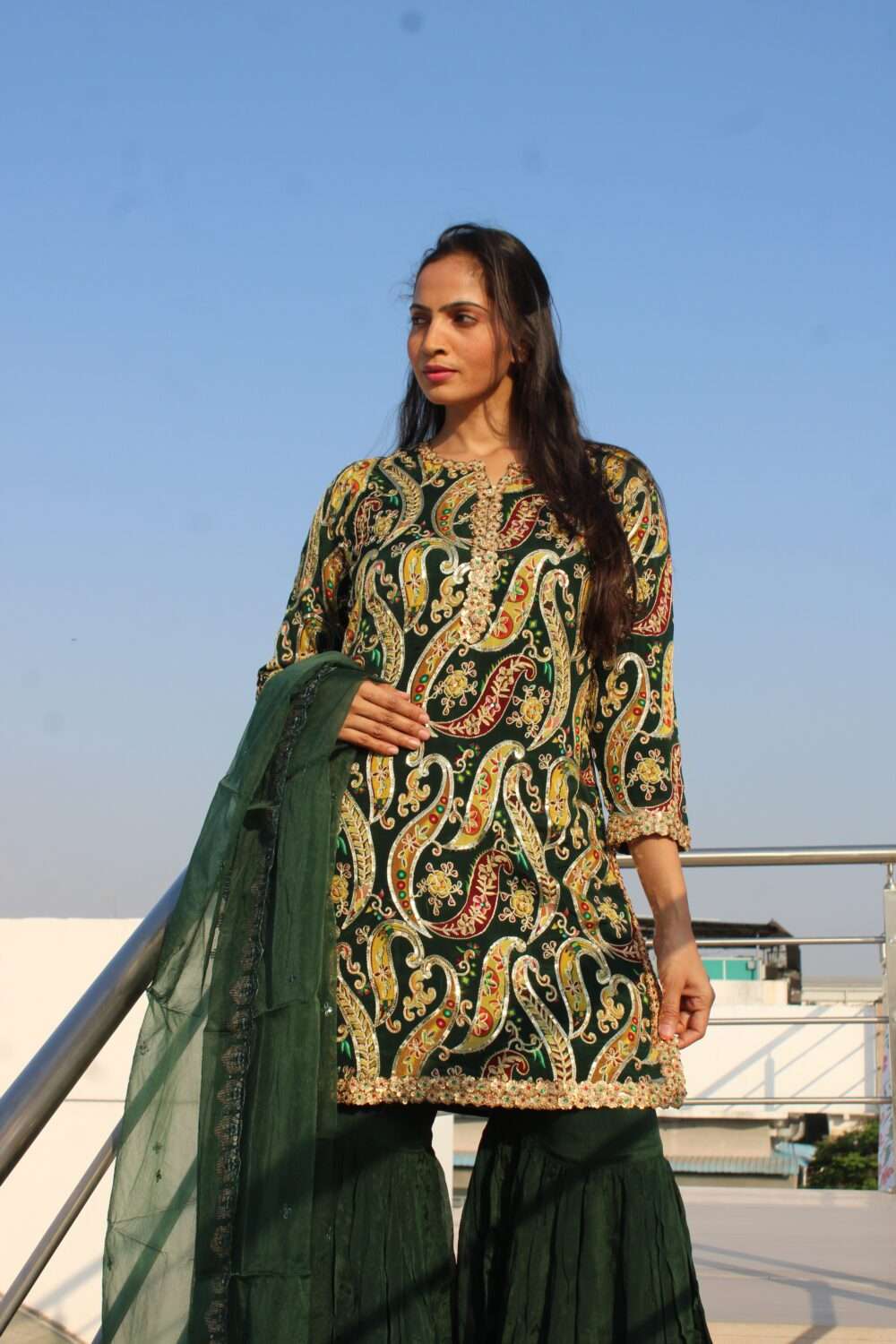 Green Pakistani Suit with Embroidery Zari Work & Stone Work - Image 9
