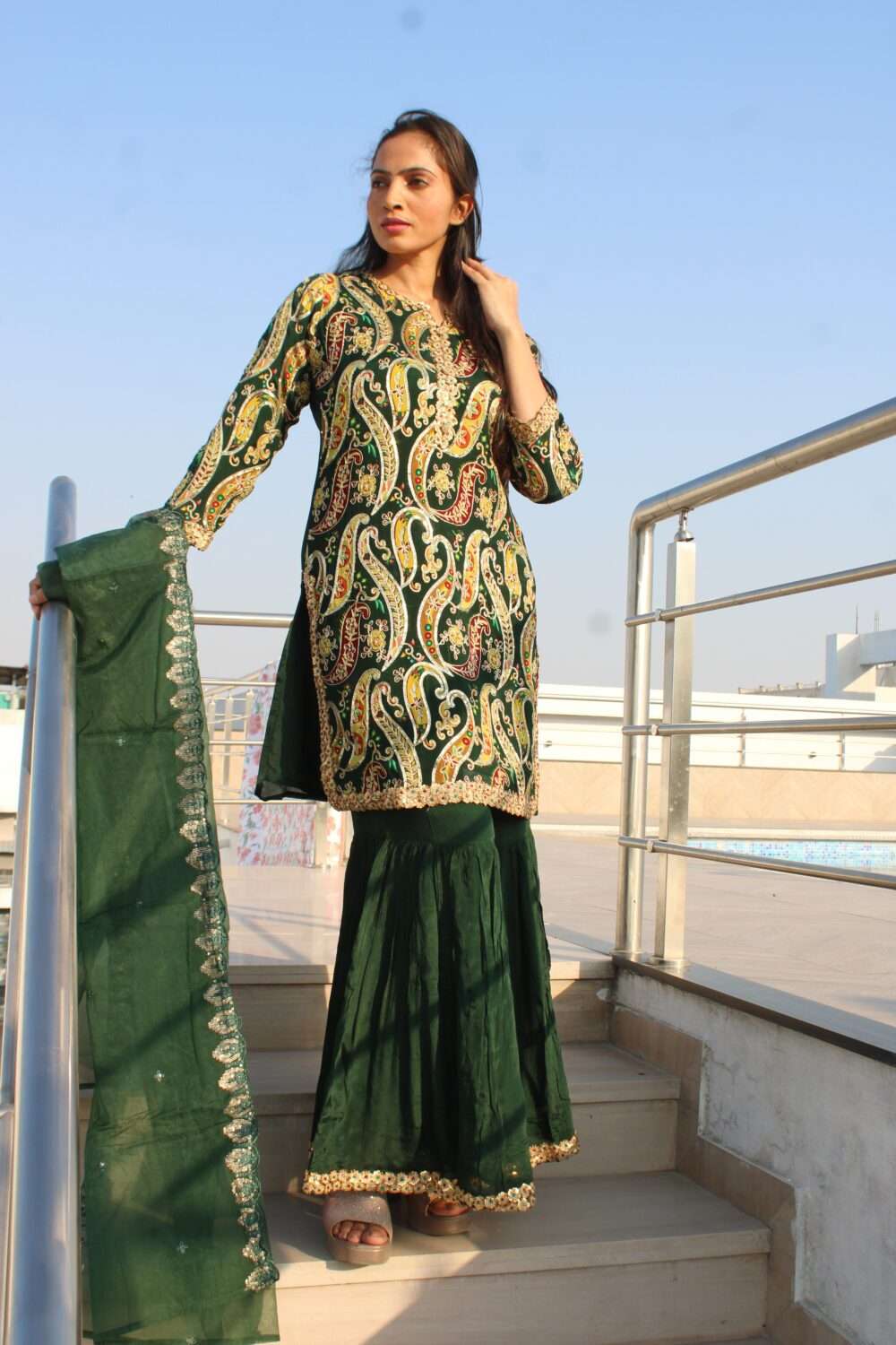 Green Pakistani Suit with Embroidery Zari Work & Stone Work - Image 8