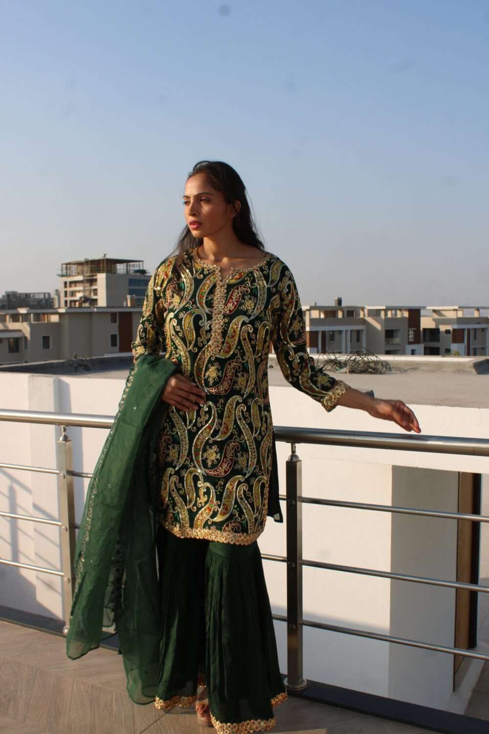 Green Pakistani Suit with Embroidery Zari Work & Stone Work - Image 4