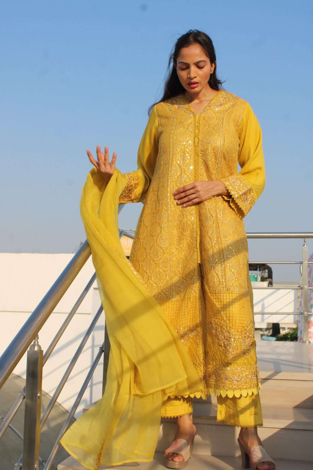 Yellow Pakistani Suit with Lacework & Chamki - Image 11