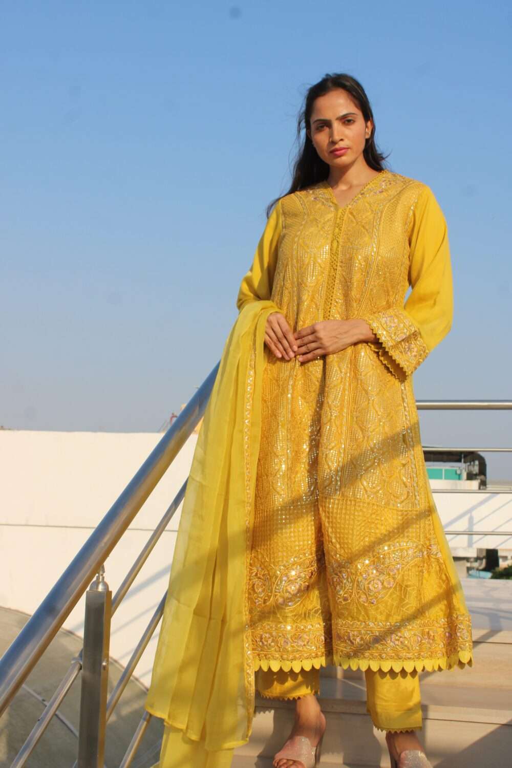 Yellow Pakistani Suit with Lacework & Chamki - Image 10