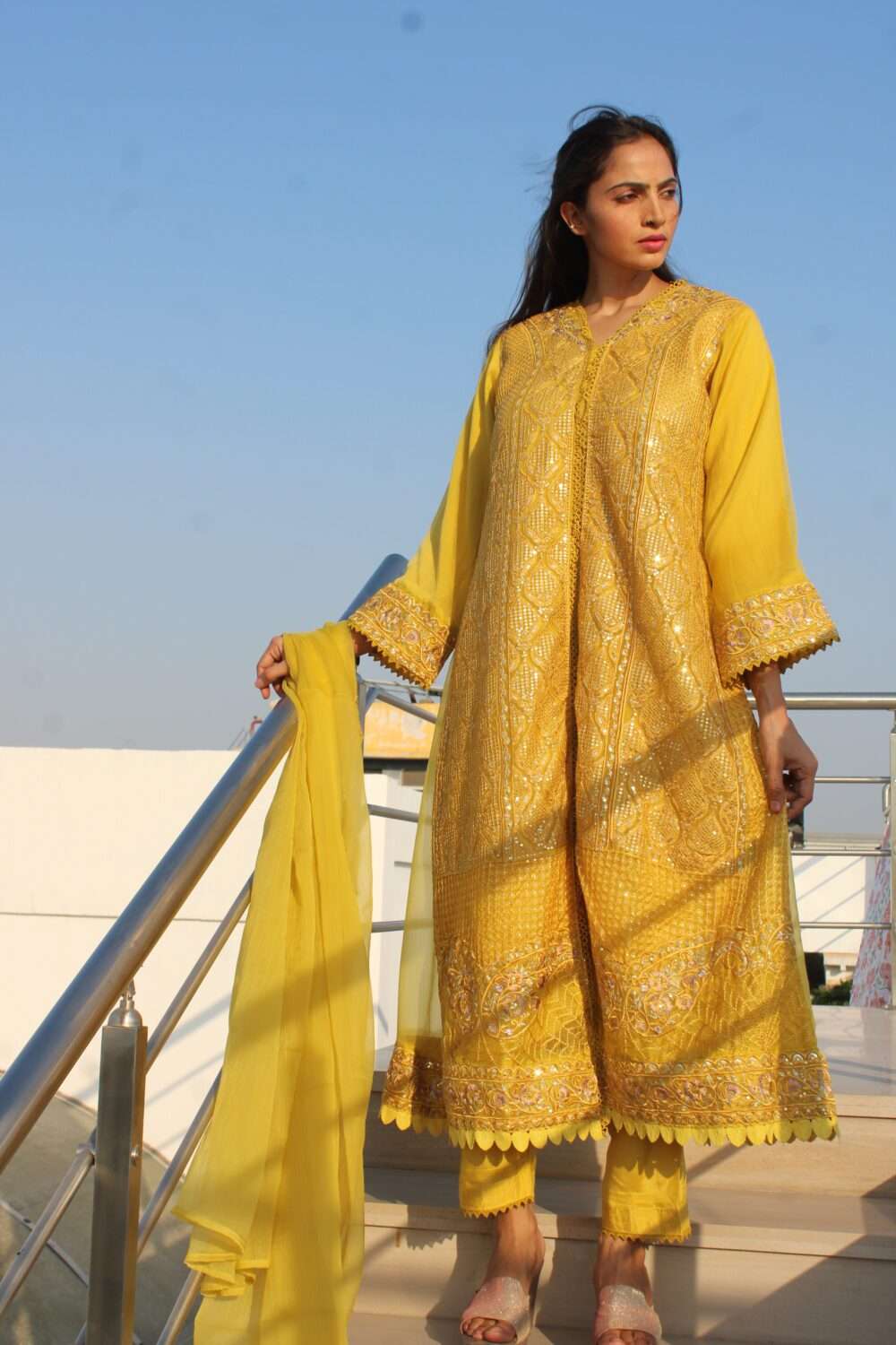 Yellow Pakistani Suit with Lacework & Chamki - Image 9