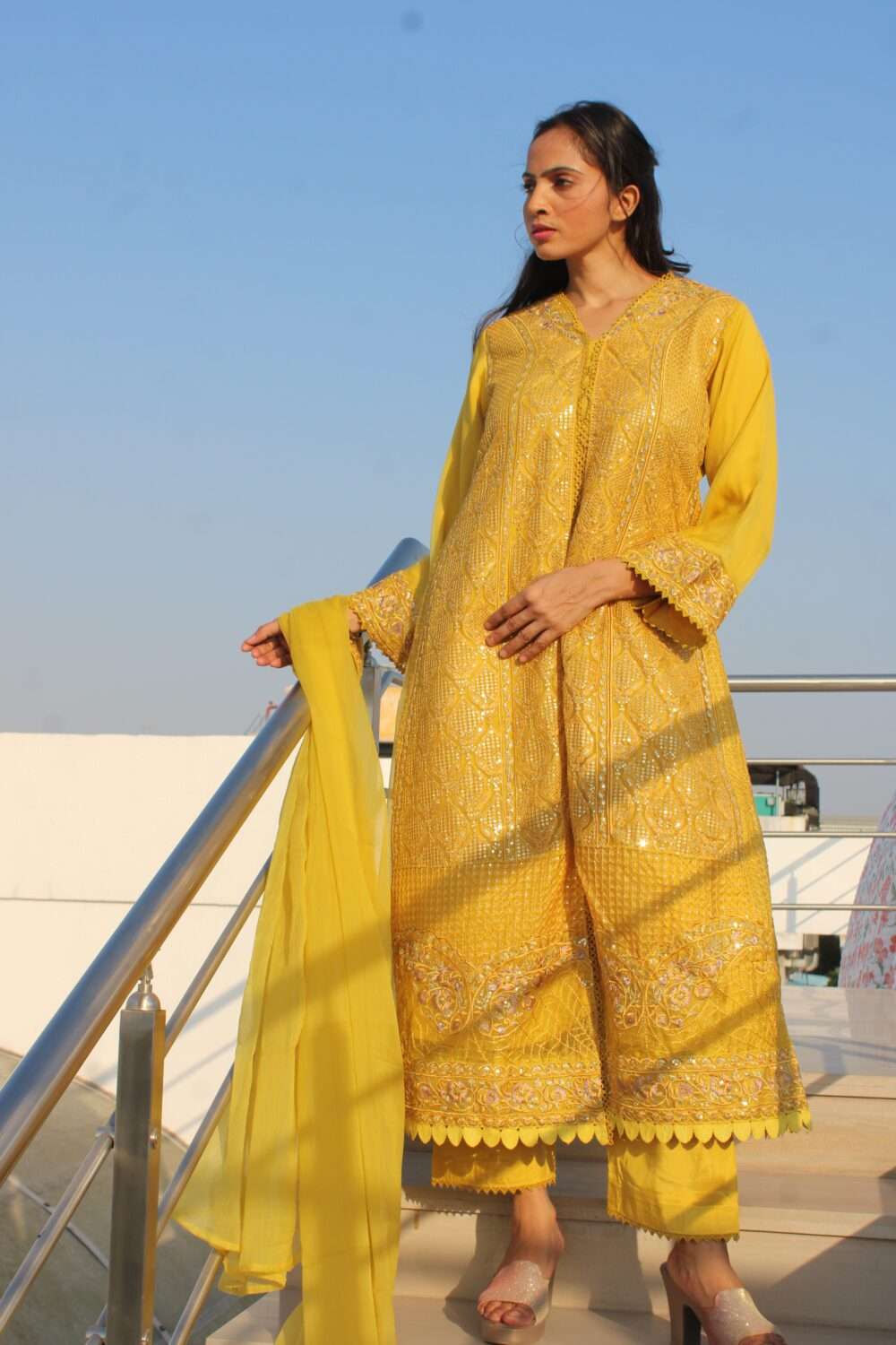 Yellow Pakistani Suit with Lacework & Chamki - Image 8
