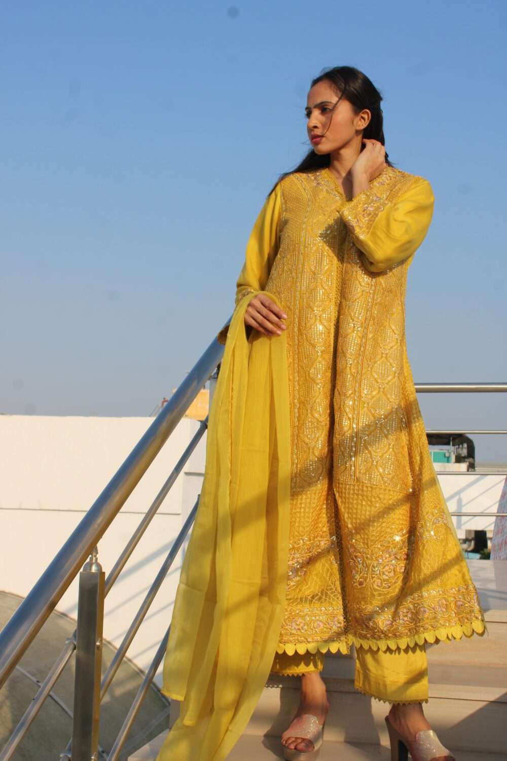 Yellow Pakistani Suit with Lacework & Chamki
