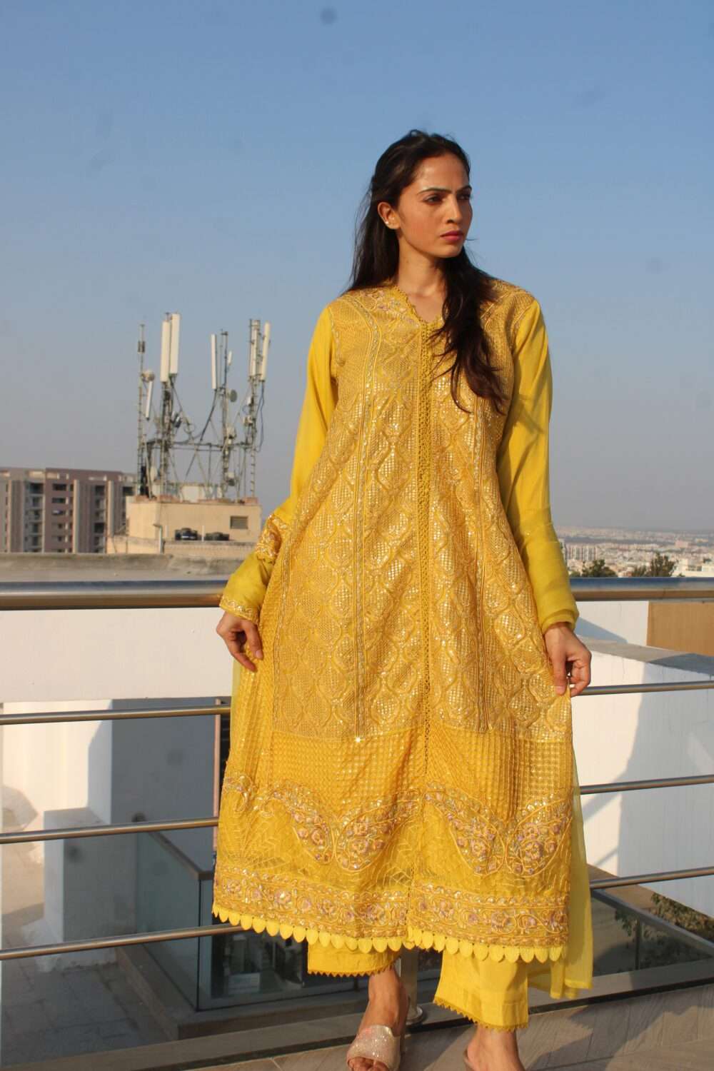 Yellow Pakistani Suit with Lacework & Chamki - Image 6