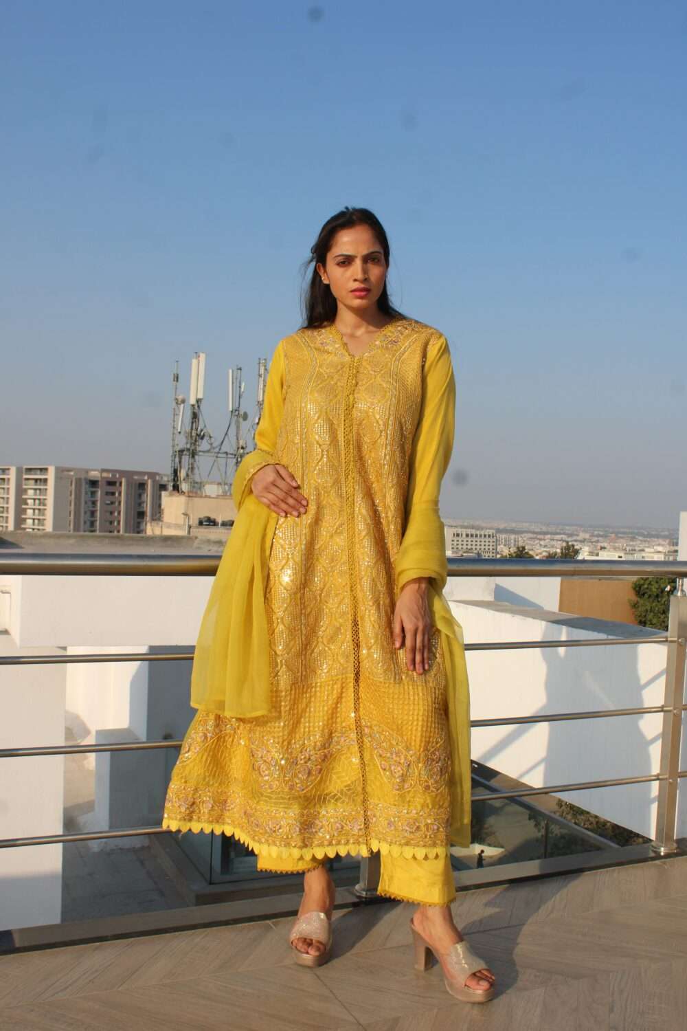 Yellow Pakistani Suit with Lacework & Chamki - Image 5