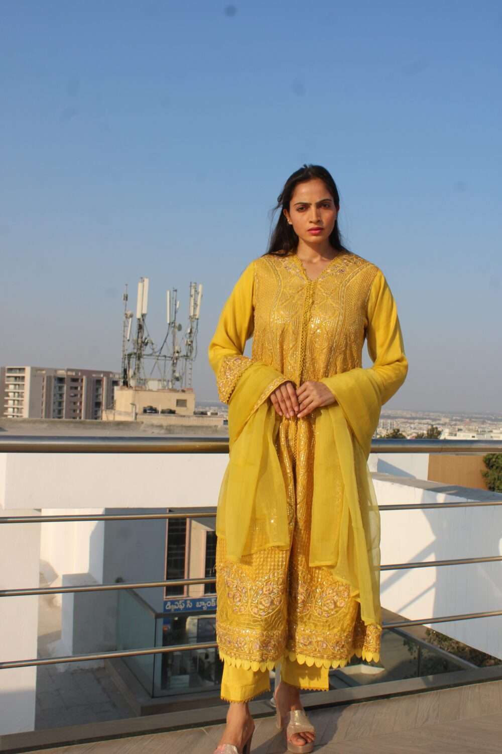 Yellow Pakistani Suit with Lacework & Chamki - Image 4
