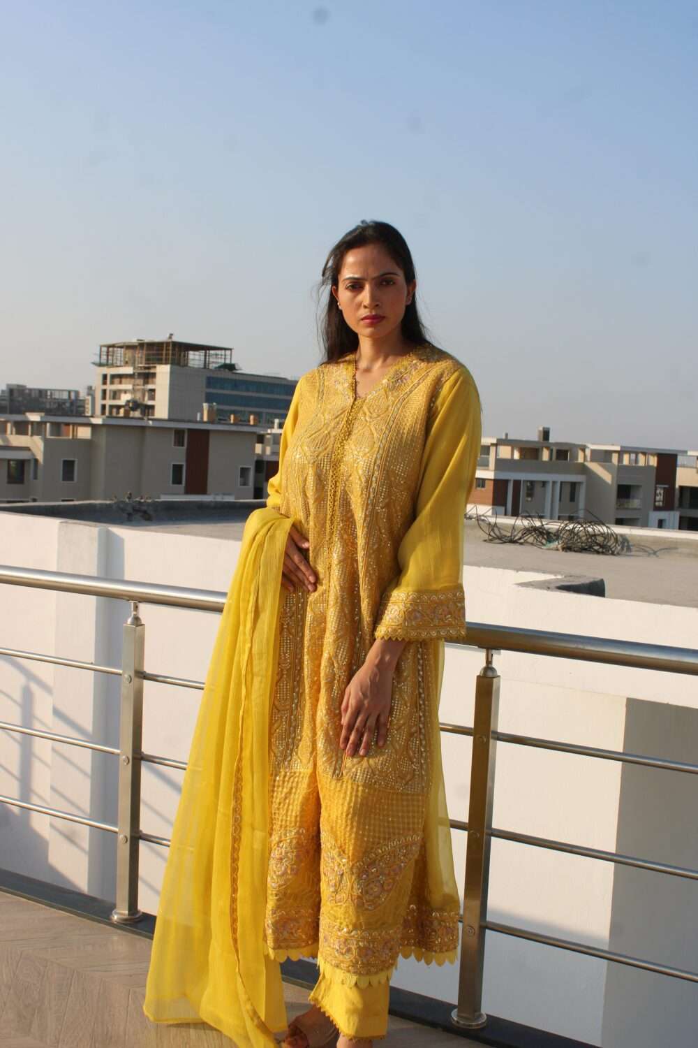 Yellow Pakistani Suit with Lacework & Chamki - Image 3