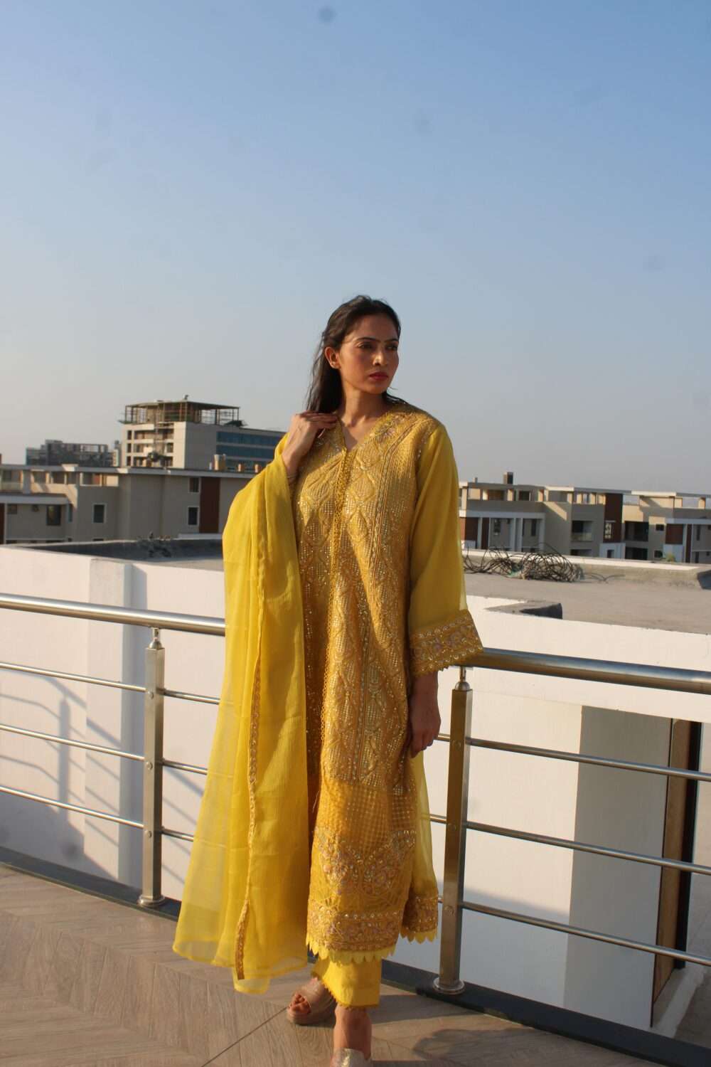 Yellow Pakistani Suit with Lacework & Chamki - Image 2