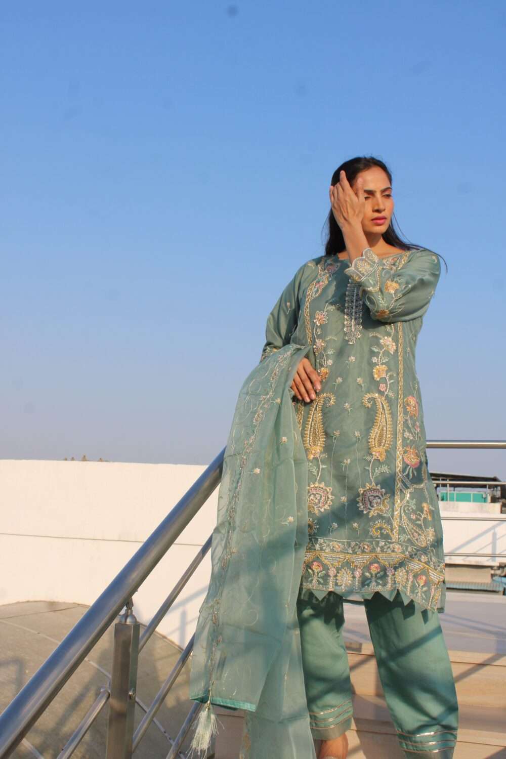 Light Blue Pakistani Suit with Embroidery Stonework & Chamki Work - Image 10