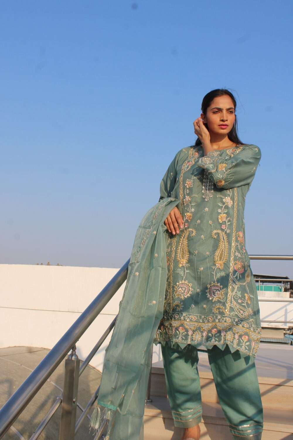 Light Blue Pakistani Suit with Embroidery Stonework & Chamki Work - Image 9