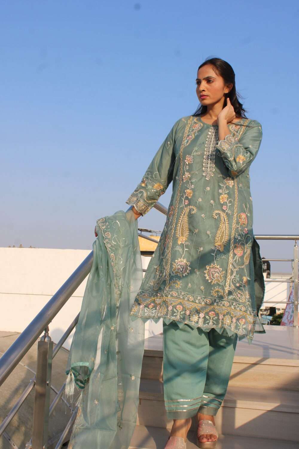 Light Blue Pakistani Suit with Embroidery Stonework & Chamki Work - Image 7