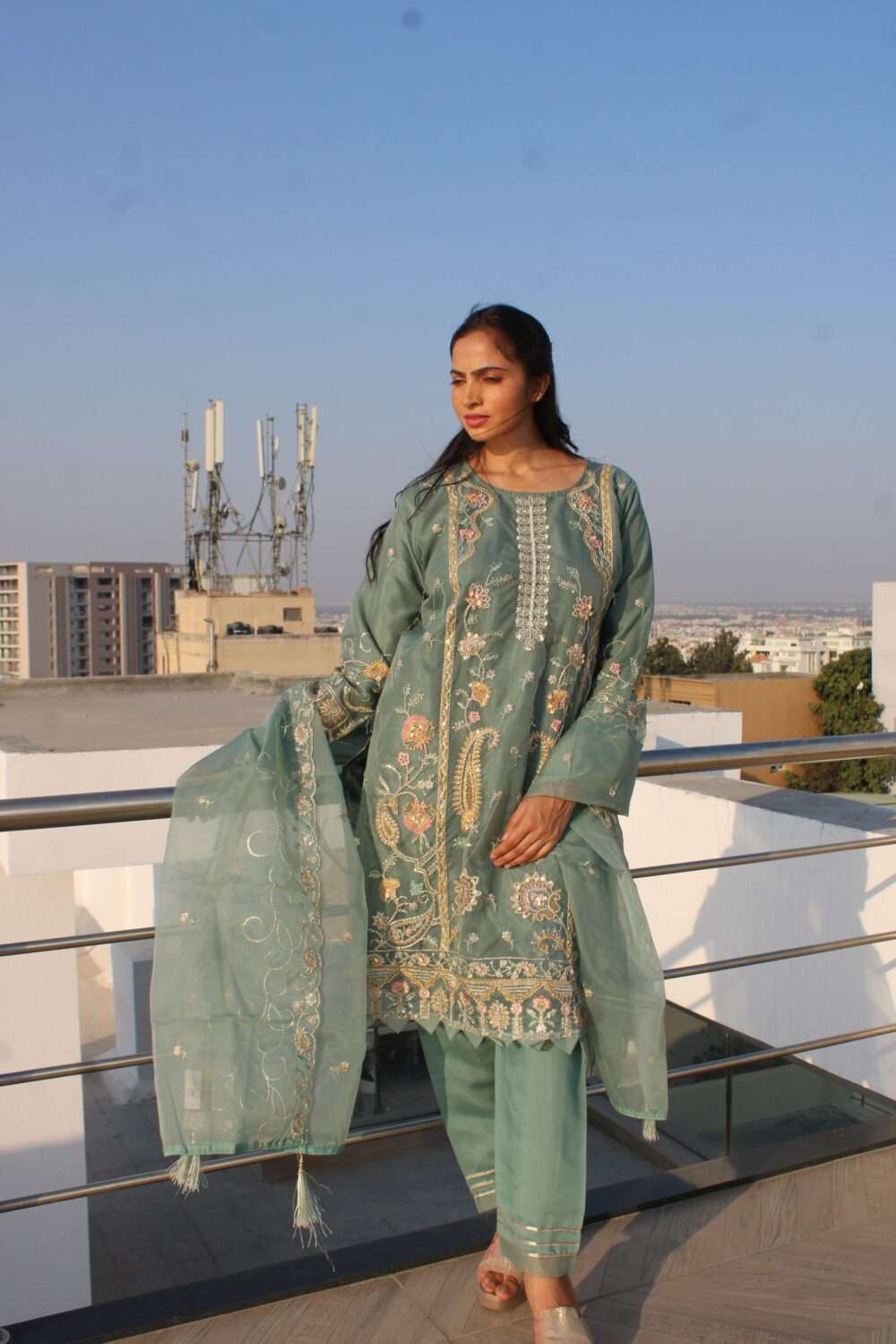 Light Blue Pakistani Suit with Embroidery Stonework & Chamki Work - Image 5