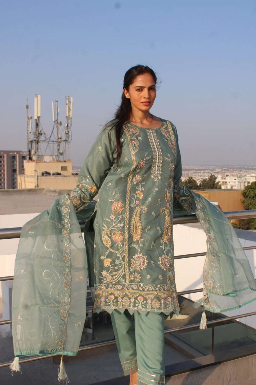 Light Blue Pakistani Suit with Embroidery Stonework & Chamki Work