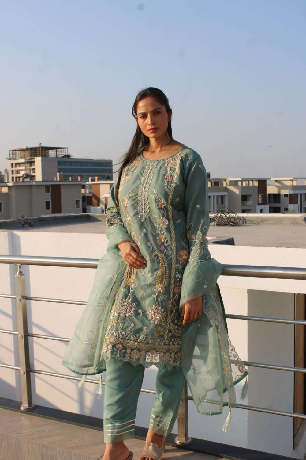 Light Blue Pakistani Suit with Embroidery Stonework & Chamki Work - Image 4