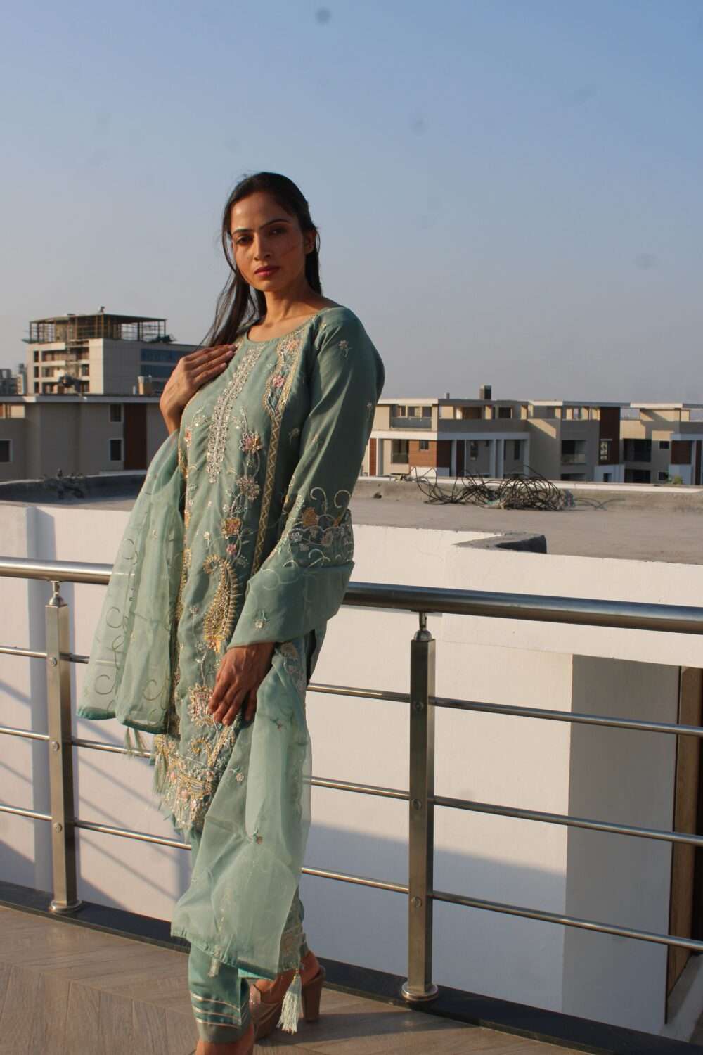 Light Blue Pakistani Suit with Embroidery Stonework & Chamki Work - Image 3