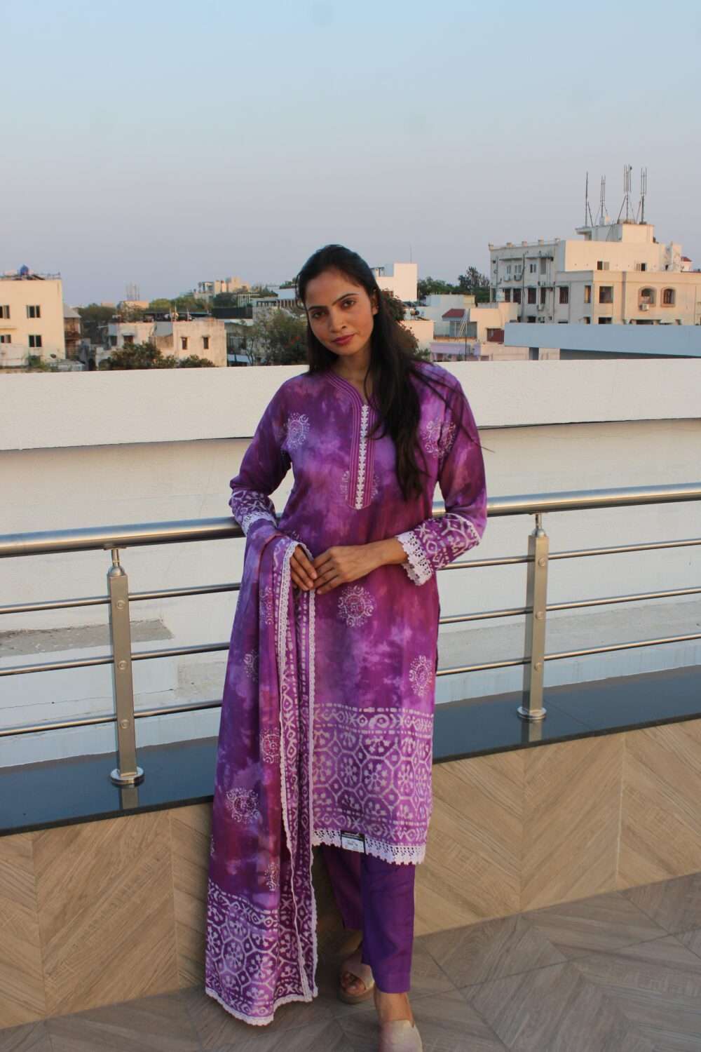 Purple Pakistani Suit with Lacework Printed - Image 7