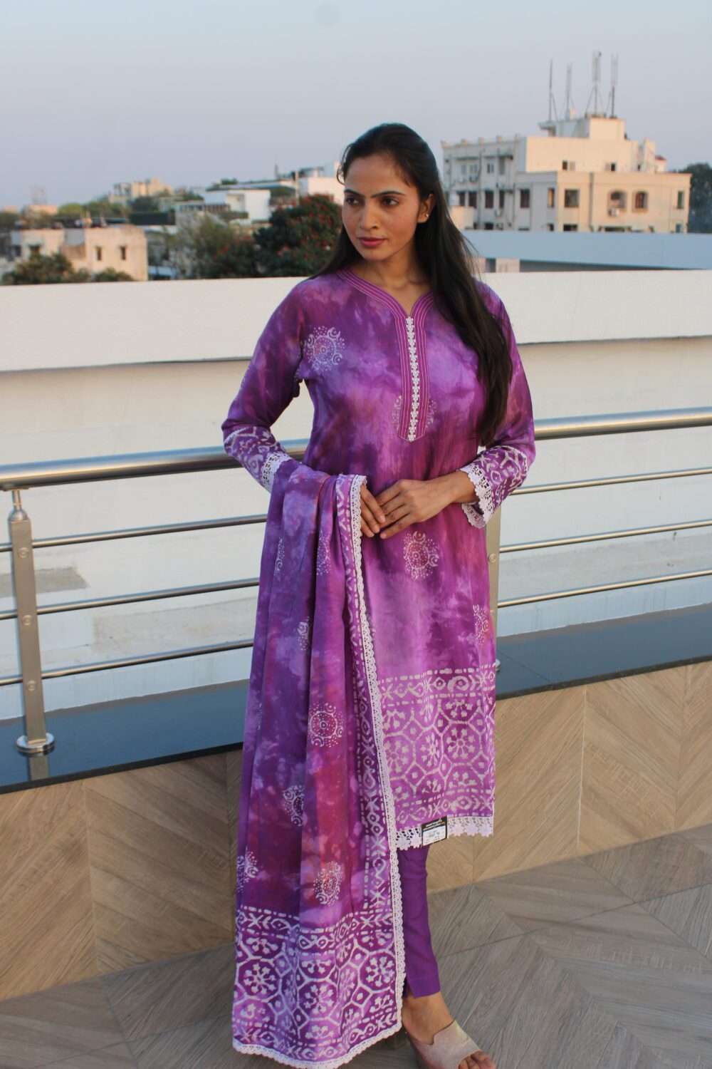 Purple Pakistani Suit with Lacework Printed - Image 6
