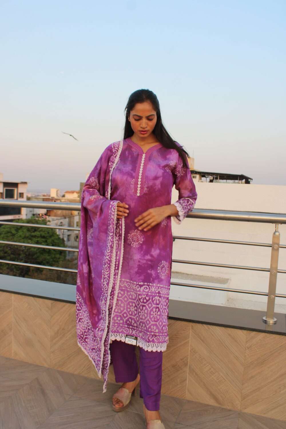 Purple Pakistani Suit with Lacework Printed - Image 3