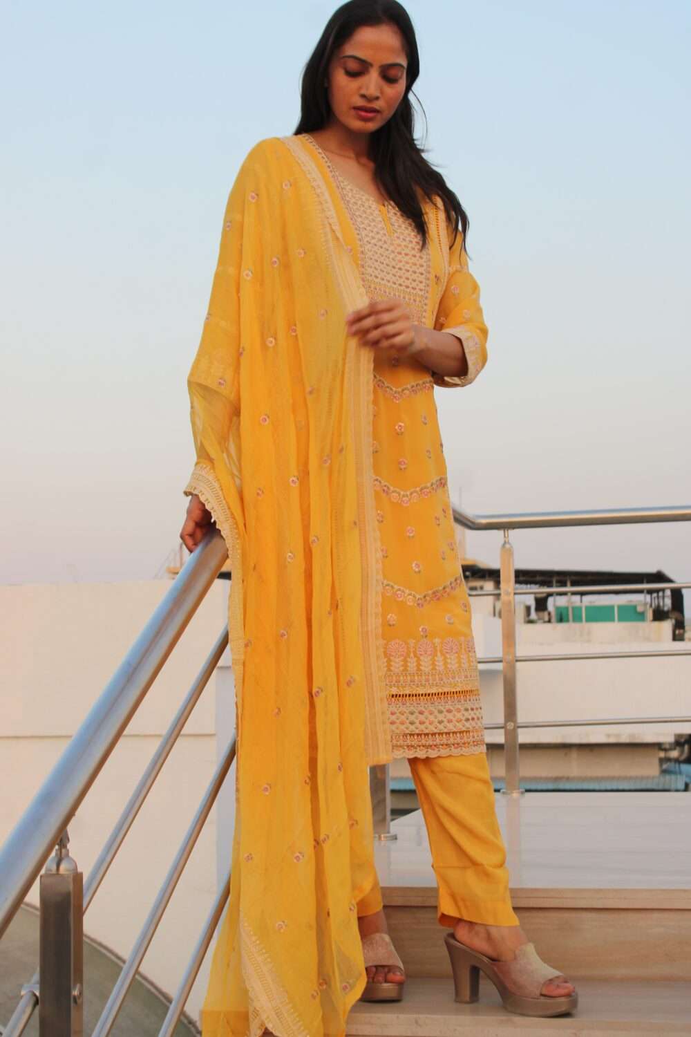 Yellow Pakistani suit with Embroidery and Chamki work